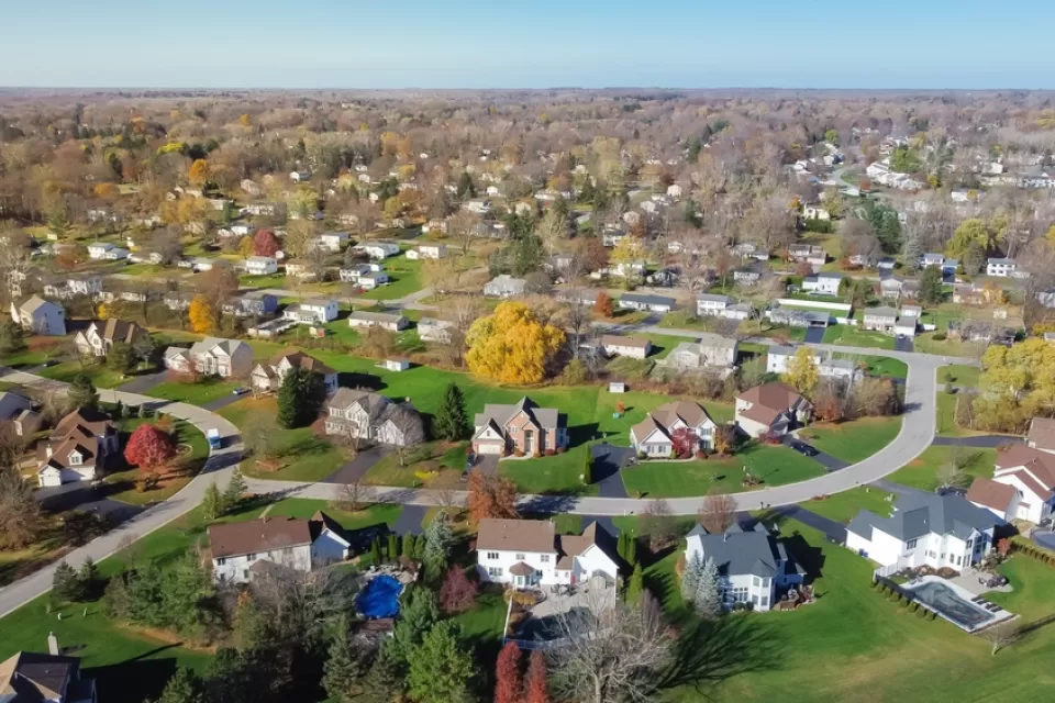 Aerial view of large suburban homes in Rochester, New York